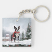 Boston Terrier Hond in Sneeuw Kerstmis Sleutelhanger (Achterkant)