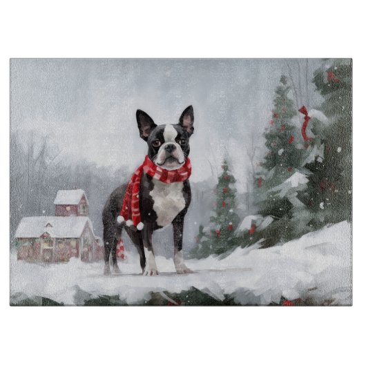 Boston Terrier Hond in Sneeuw Kerstmis Snijplank (Voorkant)