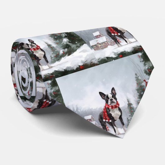 Boston Terrier Hond in Sneeuw Kerstmis Stropdas (Opgerold)