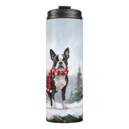 Boston Terrier Hond in Sneeuw Kerstmis Thermosbeker (Voorkant)