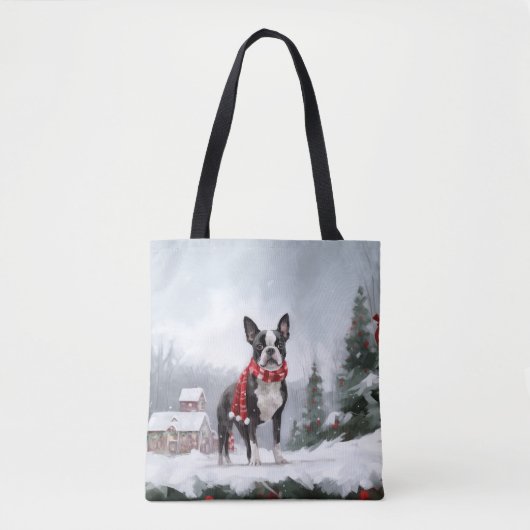 Boston Terrier Hond in Sneeuw Kerstmis Tote Bag (Voorkant)