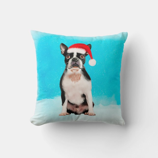 Boston Terrier Hond In Sneeuw Kerstvakantie Kussen (Voorkant)