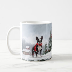 Boston Terrier-hond in sneeuw met Kerstmis Koffiemok