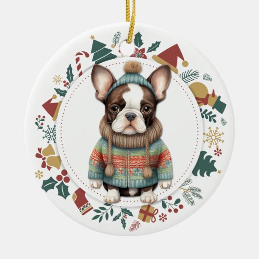 Boston Terrier Hond in Winter Sweater Kerstmis Keramisch Ornament (Voorkant)