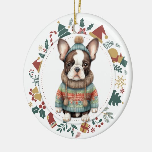 Boston Terrier Hond in Winter Sweater Kerstmis Keramisch Ornament (Links)