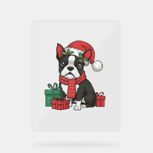 Boston Terrier Hond Kerstfeesten Vakantie Santa Acryl Bord (Voorkant)