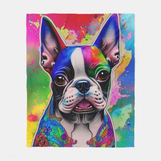 Boston Terrier Hond Kleurrijke Verf Splash Fleece Deken (Voorkant)