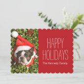 Boston Terrier hond met een kerstkrans Feestdagenkaart (Staand voorkant)