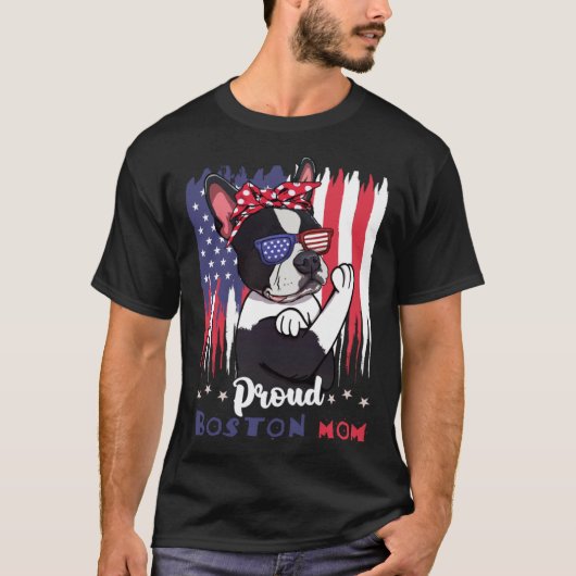 Boston Terrier hond met zonnebril Amerikaanse vlag T-shirt (Voorkant)