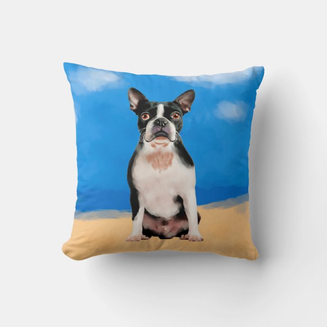 Boston Terrier hond op het strand Kussen (Voorkant)