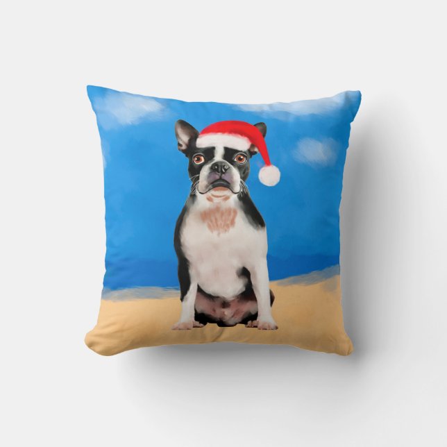 Boston Terrier Hond Op Strand Kerstvakantie Kussen (Voorkant)