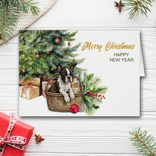 Boston Terrier Hond Rieten Mand Kerstboom