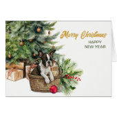 Boston Terrier Hond Rieten Mand Kerstboom (Voorkant Horizontaal)