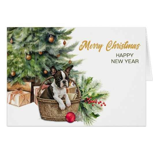 Boston Terrier Hond Rieten Mand Kerstboom (Voorkant Horizontaal)