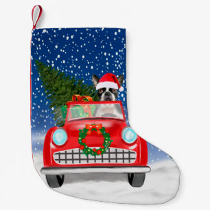 Boston terrier Hond Rijdt Auto In Sneeuw Kerstmis Kleine Kerstsok
