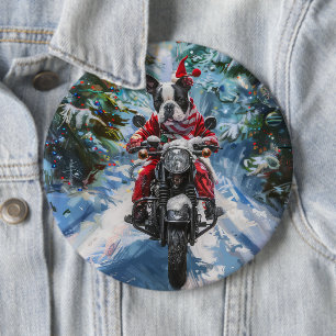 Boston Terrier-hond rijdt op motorfiets met Kerstm Ronde Button 6,0 Cm
