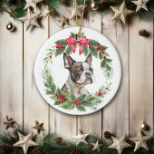 Boston Terrier Hond Rode Bow Holly krans Keramisch Ornament
