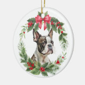 Boston Terrier Hond Rode Bow Holly krans Keramisch Ornament (Links)