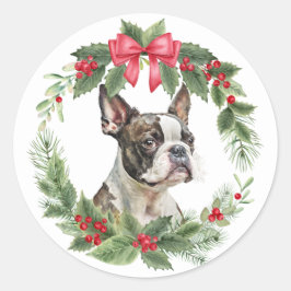 Boston Terrier Hond Rode Bow Holly krans Ronde Sticker