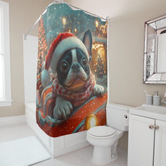 Boston Terrier Hond Roller Coaster Kerstmis Douchegordijn (In situ)