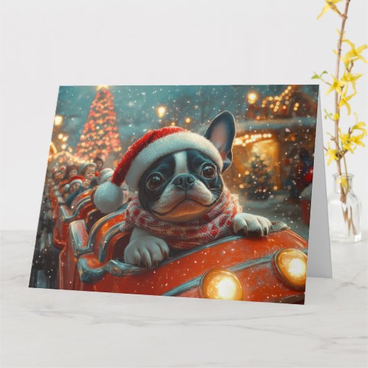 Boston Terrier Hond Roller Coaster Kerstmis Kaart (Gele Bloem)