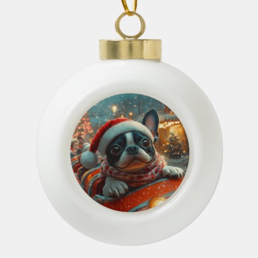 Boston Terrier Hond Roller Coaster Kerstmis Keramische Bal Ornament (Voorkant)