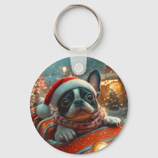 Boston Terrier Hond Roller Coaster Kerstmis Sleutelhanger (Voorkant)