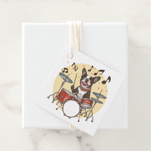 Boston Terrier hond speelt drums Bedankjes Labels (In situ)