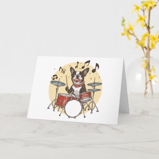 Boston Terrier hond speelt drums Kaart (Gele Bloem)