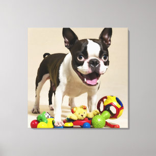 Boston Terrier-hond speelt met speelgoed Canvas Afdruk