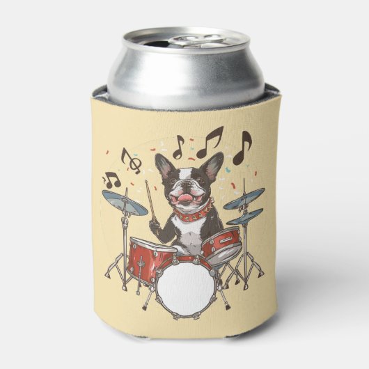 Boston Terrier hond speelt op drums Blikjeskoeler (Blikje Voorkant)