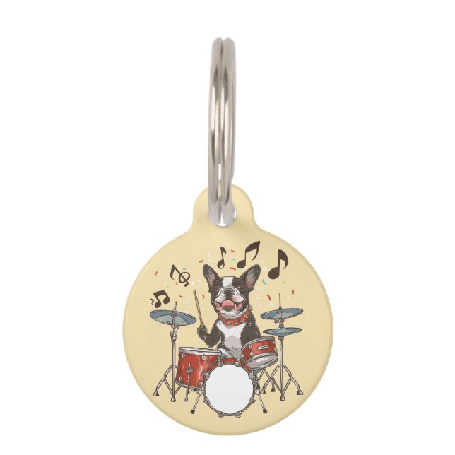 Boston Terrier Hond Speelt op Drums Huisdierpenning (Voorkant)