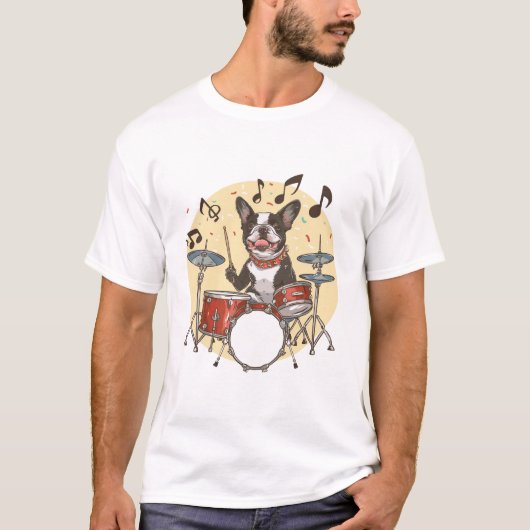 Boston Terrier-hond speelt op drums T-shirt (Voorkant)