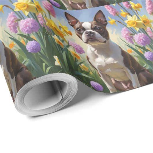 Boston Terrier Hond Spring Bloemen Schilderen Cadeaupapier (Rol Hoek)