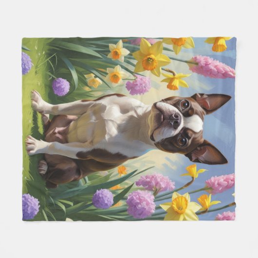 Boston Terrier Hond Spring Bloemen Schilderen Fleece Deken (Voorkant (Horizontaal))