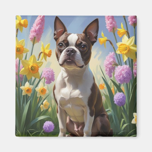 Boston Terrier Hond Spring Bloemen Schilderen Magneet (Voorkant)