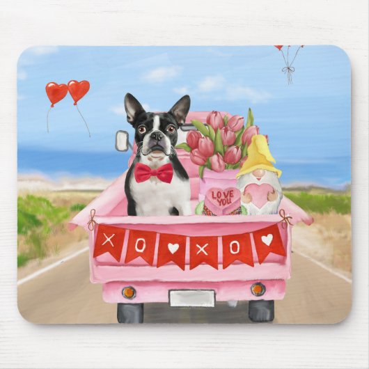 Boston Terrier Hond Valentijnsdag Truck Hartjes Muismat (Voorkant)