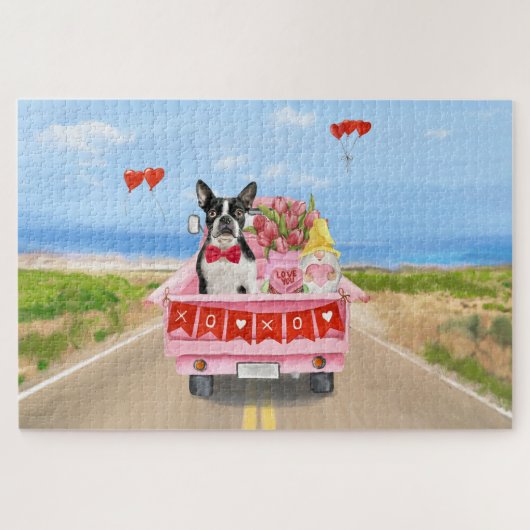 Boston Terrier-hond Valentijnsdag vrachtwagen hart Legpuzzel (Horizontaal)