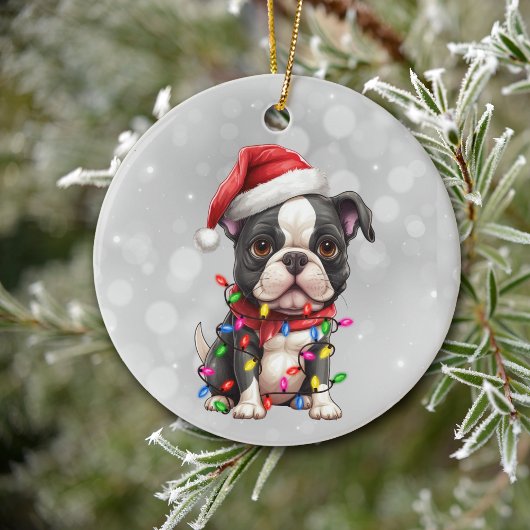 Boston Terrier Hond verpakt in kerstverlichting Keramisch Ornament