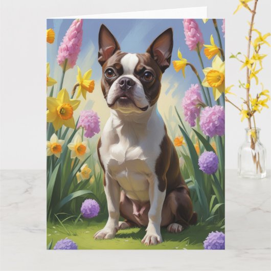 Boston Terrier Hond Voorjaarsbloemen Schilderij Kaart (Gele Bloem)