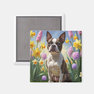 Boston Terrier Hond Voorjaarsbloemen Schilderij Magneet