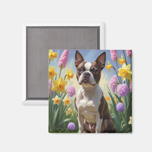 Boston Terrier Hond Voorjaarsbloemen Schilderij Magneet (Voorkant / Achterkant)