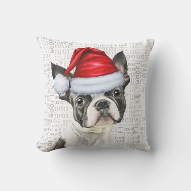 Boston Terrier Hond Waterverf Kerst Kussen (Voorkant)