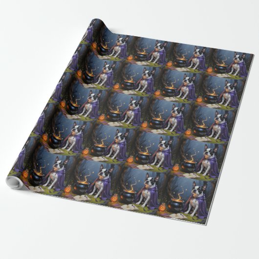 Boston Terrier-hond Whimsical Halloween-schilderij Cadeaupapier (Uitgerold)