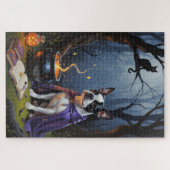 Boston Terrier-hond Whimsical Halloween-schilderij Legpuzzel (Horizontaal)