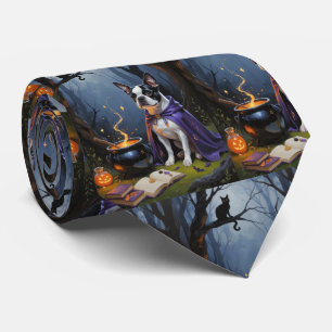 Boston Terrier-hond Whimsical Halloween-schilderij Stropdas