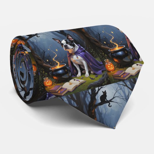 Boston Terrier-hond Whimsical Halloween-schilderij Stropdas (Opgerold)