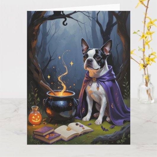 Boston Terrier-hond Whimsy Halloween-schilderij Kaart (Gele Bloem)