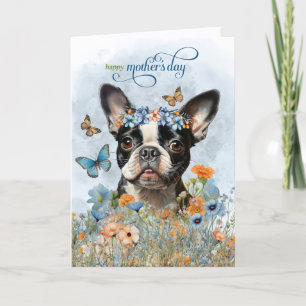 Boston Terrier-hond Wilde Bloemen Moederdag Feestdagen Kaart