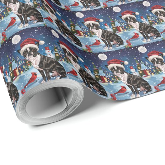 Boston Terrier Hond Winter Wonderland Kerstvreugde Cadeaupapier (Rol Hoek)